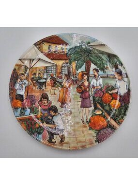 Brunelli Hand Painted Italian Ceramic Floral Market Scene Plate Charming Decor